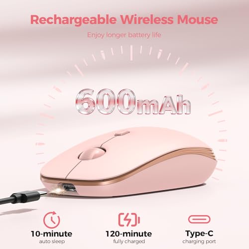 TECKNET Rechargeable Slim Portable Silent Computer 2.4 GHz Wireless Mouse | Lightweight Ambidextrous with USB-A Receiver, 4000 DPI Optical Tracking 90-Day Battery Life, Compatible with PC, Mac, Laptop - color: Rose pink