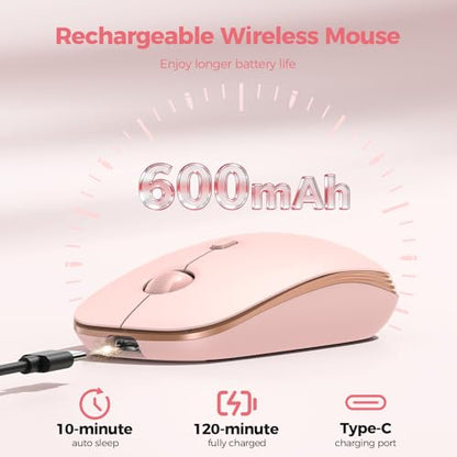 TECKNET Rechargeable Slim Portable Silent Computer 2.4 GHz Wireless Mouse | Lightweight Ambidextrous with USB-A Receiver, 4000 DPI Optical Tracking 90-Day Battery Life, Compatible with PC, Mac, Laptop - color: Rose pink