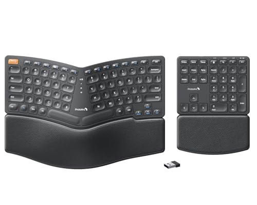ProtoArc Wireless Ergonomic Keyboard with Separate Number Pad | 2.4GHz with USB Receiver, Hard Wrist Rest, Split Design, Rechargeable, for Windows PC/Laptop/Desktop