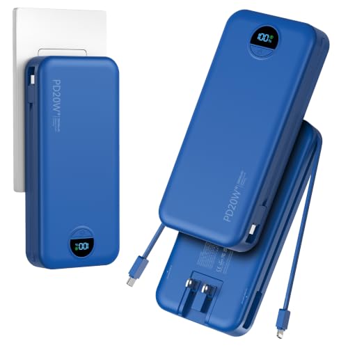 20000mAh Ultra Portable Charger Power Bank with inBuilt Cables&AC Wall Plug | PD20W USB-C Fast Charging Cell Phone Charger Battery Pack,LED Display Travel Battery Bank for All iPhone,Samsung,Android - color: Navy-20Ah