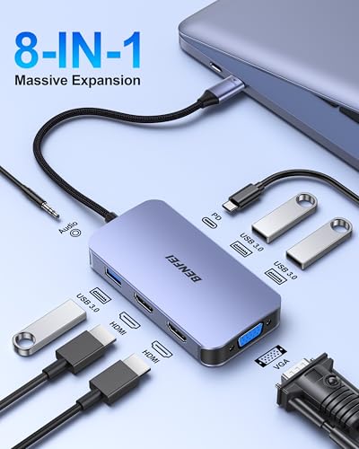 BENFEI USB C Docking Station, 8-in-1 USB C Hub with Triple Display Dual HDMI, VGA, 3*USB 3.0, 100W Power Delivery, 3.5mm AUX Audio Compatible with MacBook Pro, XPS and More - color: Grey, size: 8-in-1