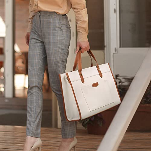 Missnine Laptop Tote Bag Canvas Laptop Bag 15.6 inch Work Shoulder Bags Casual Briefcase Handbag for Travel, Office, College - color: Brown+beige