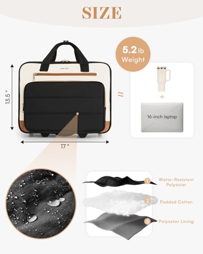 Rolling Laptop Bag Women,Puffer Rolling Briefcase, 16 inch Wheeled Laptop Bag,Stylish Overnight Underseat Water Resistant Carry On Luggage with Wheels for Work Travel Business,Ribbed Beige Brown - color: Ribbed Beige Brown