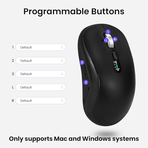 INFINMIND Wireless Bluetooth Multi-Device Mouse with 5 Programmable Buttons, 4-Way Navigation Scroll, 5 Level DPI, Quiet Click Mice Compatible with Computer, Laptop, PC, iPad, Tablet, MacBook.