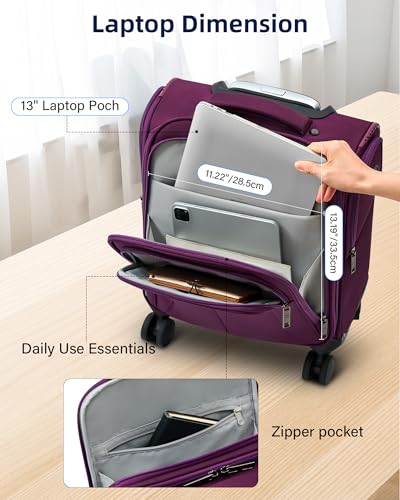 HanTrip 16 Inch Underseat Carry On Luggage with Wheels Softside Small Suitcases Personal Item Bag with Pocket Travel Luggage for Men Women Business Overnight Bag(Purple) - color: Purple