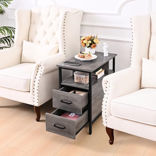 Side Table, Gray End Tables with Charging Station, Narrow End Table with Wooden Drawers, USB Ports and Power Outlets, Nightstand and Bedside Table, Side Table Living Room, Bedroom - color: Light Gray