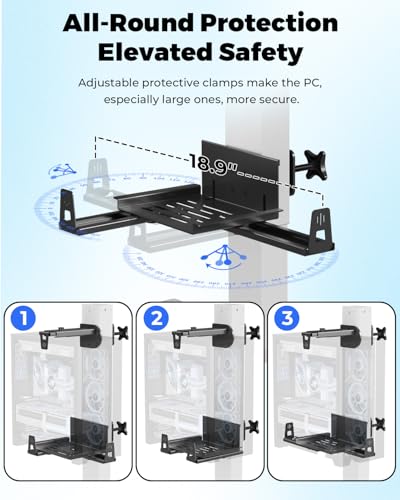 JOY worker No Drilling Under Desk PC Mount for Standing Desk, Clamp-On Desk Leg Computer Mount with Extra Protective Arms, Adjustable Computer Case CPU Holder Holds Up to 44lbs, Black - color: Black, style: Upgraded