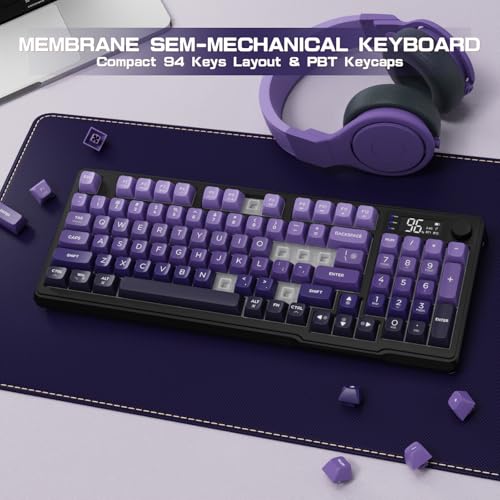 LexonElec M96 Wireless Keyboard, Low Profile Quiet Typing Membrane Gaming Keyboard with Smart Display & Knob, RGB Backlit, USB C Rechargeable, 94 Keys PBT Keycap for Windows PC,Mac,Linux-Grape Purple - color: Grape Purple