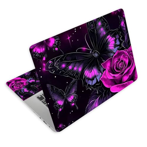 Universal Laptop Skin Decal, 3-Piece Vinyl Protector for 12 13 14 15.6" Notebook, Waterproof Anti-Scratch, Easy Trim & Bubble-Free Finish, Purple Rose and Butterfly - color: Purple Rose and Butterfly