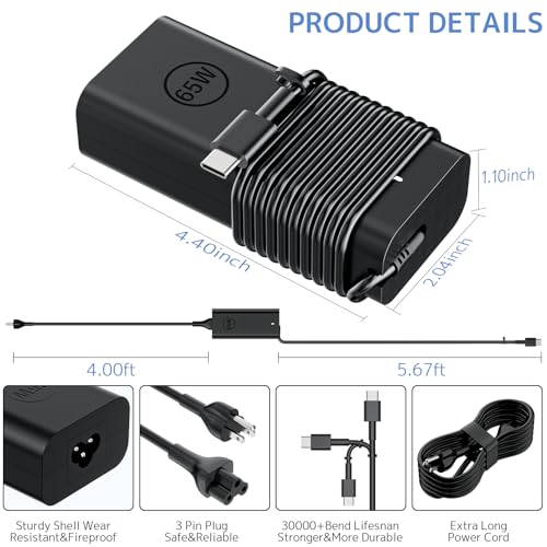 65w USB Type C Laptop Charger Compatible with Dell Universal AC Adapter | Latitude 5420 5450 5520 5320 5340 5440 5550 7440 7490 7640 7420 7310 2-in-1 Xps 13 9250 Inspiron 7420 Chromebook 3100 power