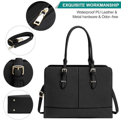 Laptop Bag for Women 15.6 Inch Leather Work Tote Briefcase Business Computer Shoulder Bag Large Capacity Waterproof Office Messenger Handbag Professional Teacher Nurse Carryall - color: Black