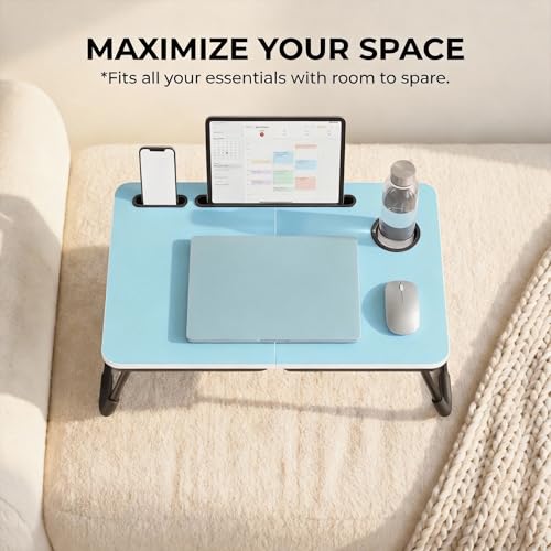 BUYIFY 23.4" Foldable Lap Desk Bed Table with Cup Holder Tray Blue | Portable Folds Flat for Easy Storage, No Assembly Laptop Bed Desk, Sturdy and Lightweight, Patent Design - color: Blue