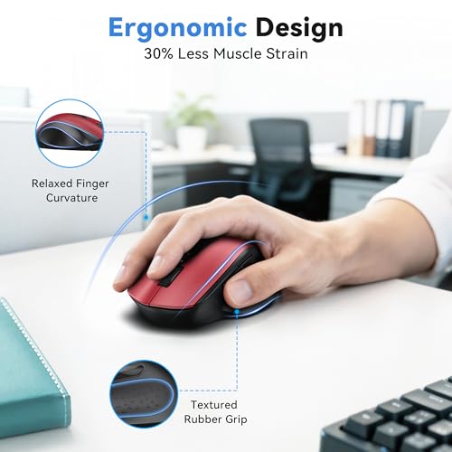 TECKNET Wireless Mouse for Laptop, Dual-Mode Bluetooth Wireless Mouse | (BT5.2/3.0 & 2.4G) Connection, Ergonomic Design, 5-Level DPI, Silent Click, Compatible with Laptop/PC/Windows/Chromebook - color: Red