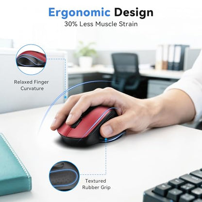 TECKNET Wireless Mouse for Laptop, Dual-Mode Bluetooth Wireless Mouse | (BT5.2/3.0 & 2.4G) Connection, Ergonomic Design, 5-Level DPI, Silent Click, Compatible with Laptop/PC/Windows/Chromebook - color: Red