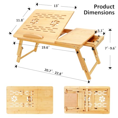 Laptop Desk for Bed, Foldable Bed Tray, Adjustable Angle & Height | Bamboo Laptop Stand with Cup Holder and Drawer, Portable Lap Desk for Couch Sofa Floor, Ideal for Breakfast, Writing, Drawing