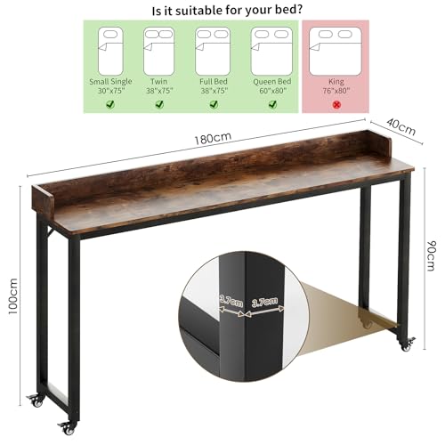 Clevich Overbed Table with Wheels, 16" D x 71" W x 41" H Mobile Bed Desk | Queen Full Size Mobile Computer Desk with eavy Duty Metal Leg, Standing Laptop Cart, for Bedroom, Living Room - color: Brown