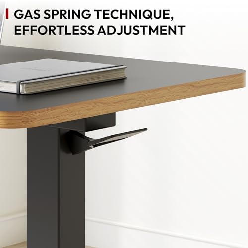 SANODESK Mobile Standing Desk with Hidden Wheels,Pneumatic Laptop Desk Rolling Computer Cart Movable Height Adjustable Small Sit Stand Desk for Home Office(27.6" W x 15.7" D, Black+Maple Band) - color: Black Maple, size: 28x16