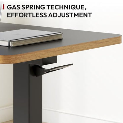 SANODESK Mobile Standing Desk with Hidden Wheels,Pneumatic Laptop Desk Rolling Computer Cart Movable Height Adjustable Small Sit Stand Desk for Home Office(27.6" W x 15.7" D, Black+Maple Band) - color: Black Maple, size: 28x16