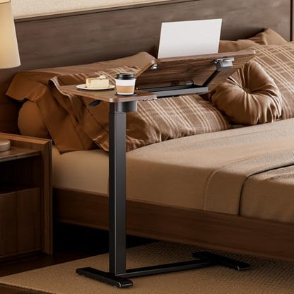 BIZUM Overbed Rolling Table with Adjustable Tilt Top Mobile Bedside Desk with Hidden Wheels Pneumatic Height Adjustable Laptop & Meal Table for Home and Hospital Use(27.6x15.8, Walnut) - color: Walnut