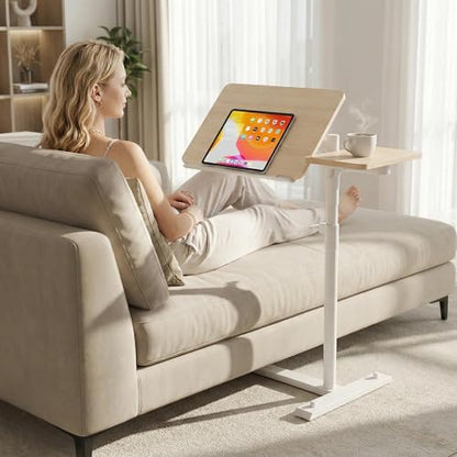 YUHFERA Rolling Table for Laptop Stand, Height and Angle Adjustable Over Bed Table with Wheels, Tilt-Top Laptop Desk for Couch with Cup Holder, Bed Table Tray for Eating (Oak) - color: Fair