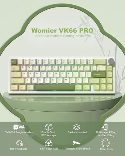 Womier 60% Gaming Mechanical Keyboard Green QMK/VIA | Creamy Keyboard Wired,Hot Swappable Gasket Mount RGB Key board,PBT Keycaps POM Linear Switch for Windows/MAC (VK66 PRO) - color: V-Green