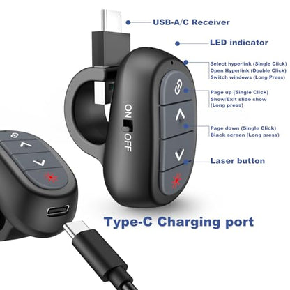 Presentation Clicker PowerPoint Wireless Presenter Remote: USB C Laser Pointer Computer Clickers, Hyperlink Finger Ring Project Power Point PPT Clicker for Mac Laptop Office, Google Slide Advancer - style: USB C A Finger Ring