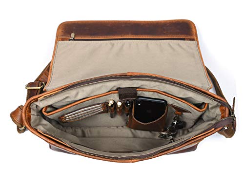 16" Crossbody Bag Leather Laptop Messenger Bag For Men with trolley sleeve for school office (Caramel) - color: Caramel