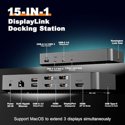 MacBook Docking Station 3 Monitors, Displaylink Laptop Docking Stations with 130W Power Supply,15 in 1 USB C Triple 4K Display Dock for MacBook Pro/Air and USB-C/A Port Computer (3 HDMI, 2 DP)