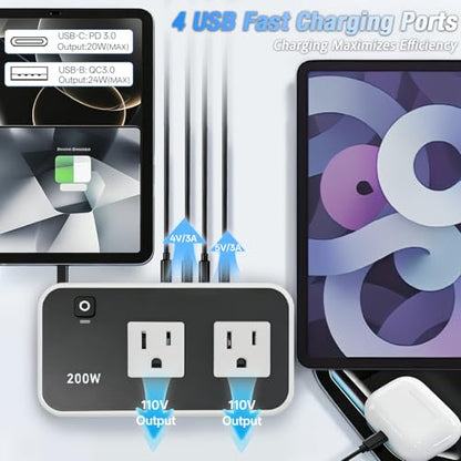 200W Car Power Inverter, DC 12V to 110V AC Car Plug Adapter Outlet with [20W USB-C], USB-Fast Charger[18W], 4.8A Dual USB Car Charger for Laptop, Black - color: Black