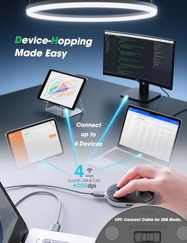 Pressure-Sensitive Infinite Free-Scroll Mouse | Small, Slim & Silent | 4000 DPI | Tri-Mode (Dual Bluetooth/2.4G/USB Wired) | Mini Portable Wireless Travel Mouse for Laptop, MacBook, iPad, PC - color: Black