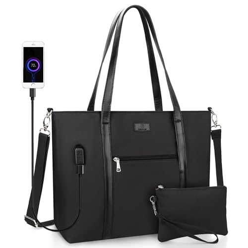 Laptop Tote Bag for Women 17 Inch, Teacher Bag with Compartments Large Work Tote Bag with USB Port Laptop Purse Professional Computer Bag Business Office Work Organized Bag with Shoulder Straps (2pcs) - color: 02-black-2pcs