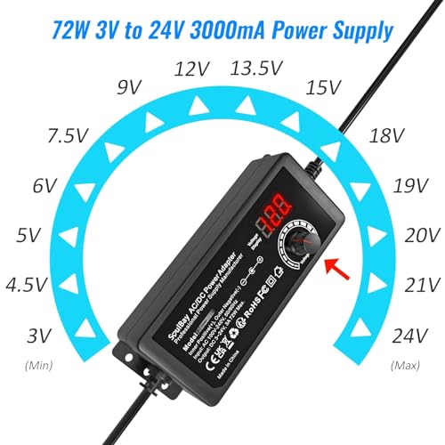 SoulBay 72W Universal Power Supply, 3V-24V 3A, Volt Display, 14 Tips | Adjustable AC/DC Adapter, Reverse Polarity Cable, 3000mA Max, For Household Electronics, LED Strips, Routers, Cameras
