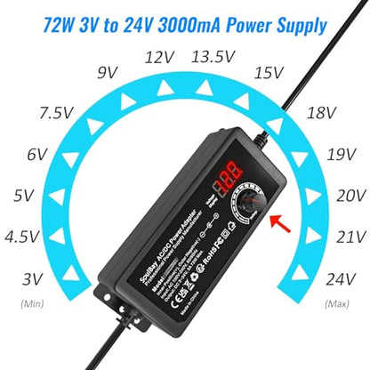 SoulBay 72W Universal Power Supply, 3V-24V 3A, Volt Display, 14 Tips | Adjustable AC/DC Adapter, Reverse Polarity Cable, 3000mA Max, For Household Electronics, LED Strips, Routers, Cameras