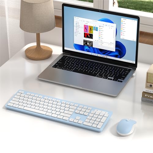 MPTOG Wireless Keyboard and Mouse Combo, Full-Size 104-Key Office Keyboard with 15 Function Keys, Numeric Keypad, Single USB Receiver, Compatible with PC and Laptop(Blue White) - color: Blue White