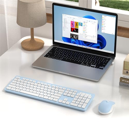 MPTOG Wireless Keyboard and Mouse Combo, Full-Size 104-Key Office Keyboard with 15 Function Keys, Numeric Keypad, Single USB Receiver, Compatible with PC and Laptop(Blue White) - color: Blue White