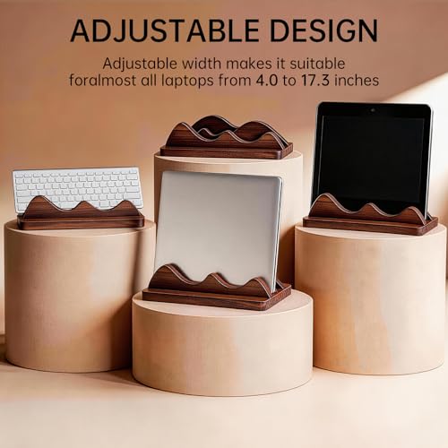Vertical Laptop Stand for Desk Wood Walnut Adjustable Width Holder Compatible with All MacBook Pro Air HP Dell Surface Organizer Fits 10-30mm Laptops Dual Slot Design