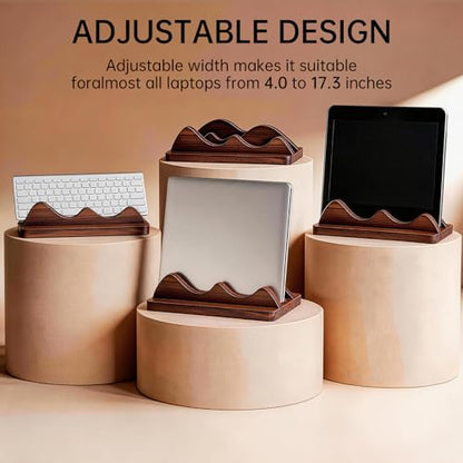 Vertical Laptop Stand for Desk Wood Walnut Adjustable Width Holder Compatible with All MacBook Pro Air HP Dell Surface Organizer Fits 10-30mm Laptops Dual Slot Design
