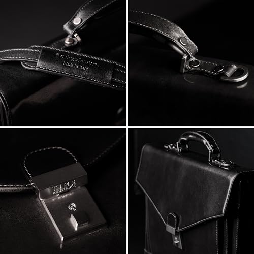 Time Resistance Leather Briefcase for Men - Business Laptop Bag - Italian Handmade Leather Bag - Attache - Gift Box Included - color: Black