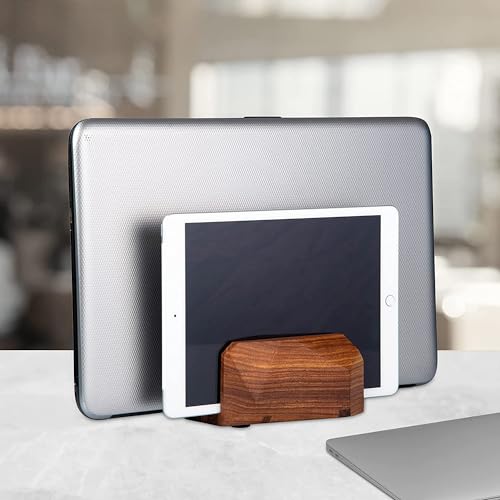 Premium Vertical Laptop Stand – Wooden Dock Compatible MacBook & Laptops | Dual Dock Slot | Ergonomic Desktop Holder & Space-Saving Office Desk Accessory (Indian Rosewood)