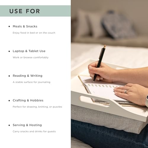 ROSSIE HOME Wood Bed Tray Lap Desk - Set of Two - with Hyacinth Storage Basket - Soft White - Fits up to 15.6 Inch Laptops - Style No. 70101 - color: Soft White, style: 2-Pack with Basket