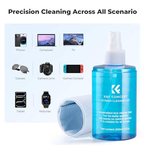 K&F CONCEPT 200ML Screen Cleaner Spray, with 2 Microfiber Cleaning Cloth | Double-Sided Velvet Cleaning Cloth,High-Efficiency Cleaning,Safe Formula Cleaner,Streak-Free,for TVs Tablets Phone Laptops