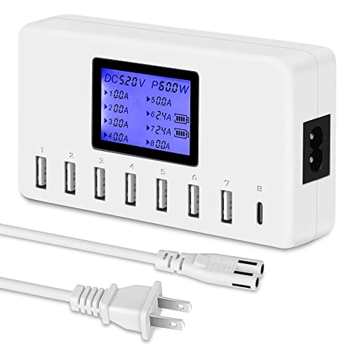 60W 12A 8-Port USB Charging Station - Multi Port USB Hub Charger with LCD Display - Compatible with iPhone, iPad, Samsung, Kindle, Tablet, Bluetooth Earbuds and More - color: white