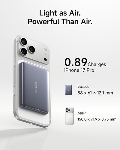 Baseus Picogo Power Bank, Smallest 5,000mAh Magnetic Wireless Charger with USB-C Braided Cable, Fast Charging Portable Battery Pack, NTC Safety Alloy Travel Essential for iPhone 17 Pro Max/17 Air/17e - color: Space Grey