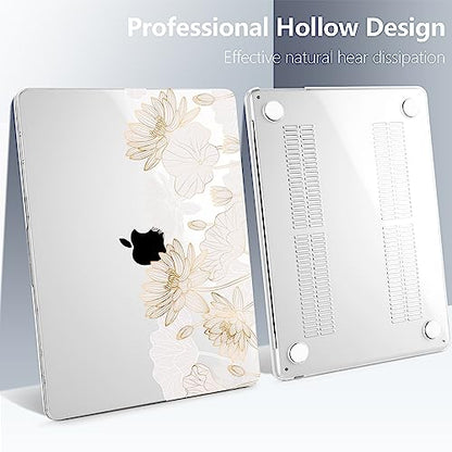 Batianda Case for MacBook Air 15" with M5 M4 M3 M2 Chip, Golden Lotus | 4-in-1 set with gold lotus line flowers design, lightweight slim hard shell protection for elegant, minimal and office user - color: Gold Lotus