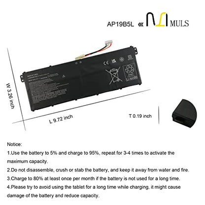 MULS AP19B5L Laptop Battery for Acer Aspire 5 A515-43 A515-52 SF314-42 | A515-43-R19L A515-43-R73N A515-43-R6MB A515-43G A515-52G SF314-42-R2VJ SF314-42-R2CZ SP314-21N-R5FR Vero AV15-51 15.4V 54.6Wh