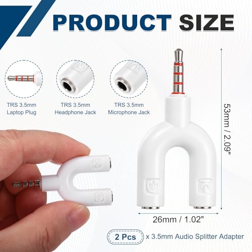 MECCANIXITY 2Pcs Headset Mic Splitter Adapter, 3.5mm Male to Dual Female Y Splitter Microphone and Audio Jack Adapters for PC Laptop Smartphone, White - color: White