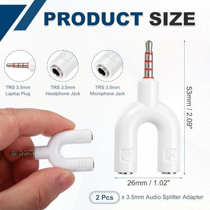 MECCANIXITY 2Pcs Headset Mic Splitter Adapter, 3.5mm Male to Dual Female Y Splitter Microphone and Audio Jack Adapters for PC Laptop Smartphone, White - color: White