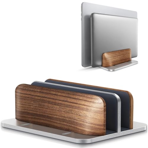 LOXP Vertical Laptop Stand, Dual Slot Wooden + Aluminum Laptop Holder | Desktop Adjustable MacBook Stand, Adjustable Base, for MacBook Pro/Air, (up to 17.3-inch All laptops) - color: silver