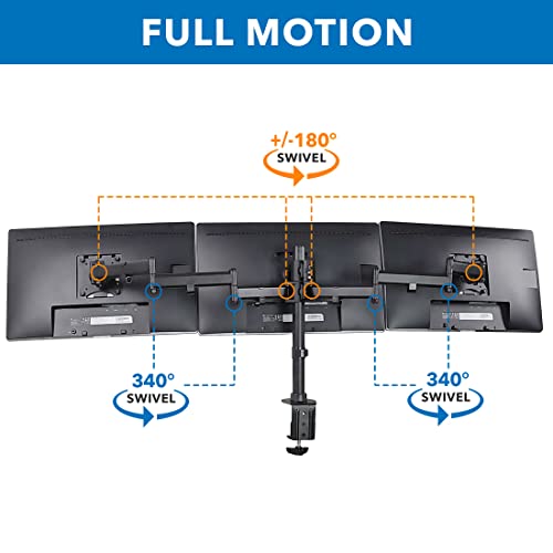 Mount-It! Triple Monitor Mount 3 Screen Desk Stand for LCD Computer Monitors for 19 20 22 23 24 27 Inch Monitors VESA 75 and 100 Compatible Full Motion, 54 lbs Capacity (MI-1753),Black