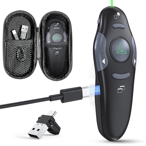 Presentation Clicker with Case Storage Wireless Presenter Remote USB Type C Rechargeable Green Laser Pointer PowerPoint Clickers for Computer Mac Project PPT Slideshow Google Slide Advancer - style: Green Laser